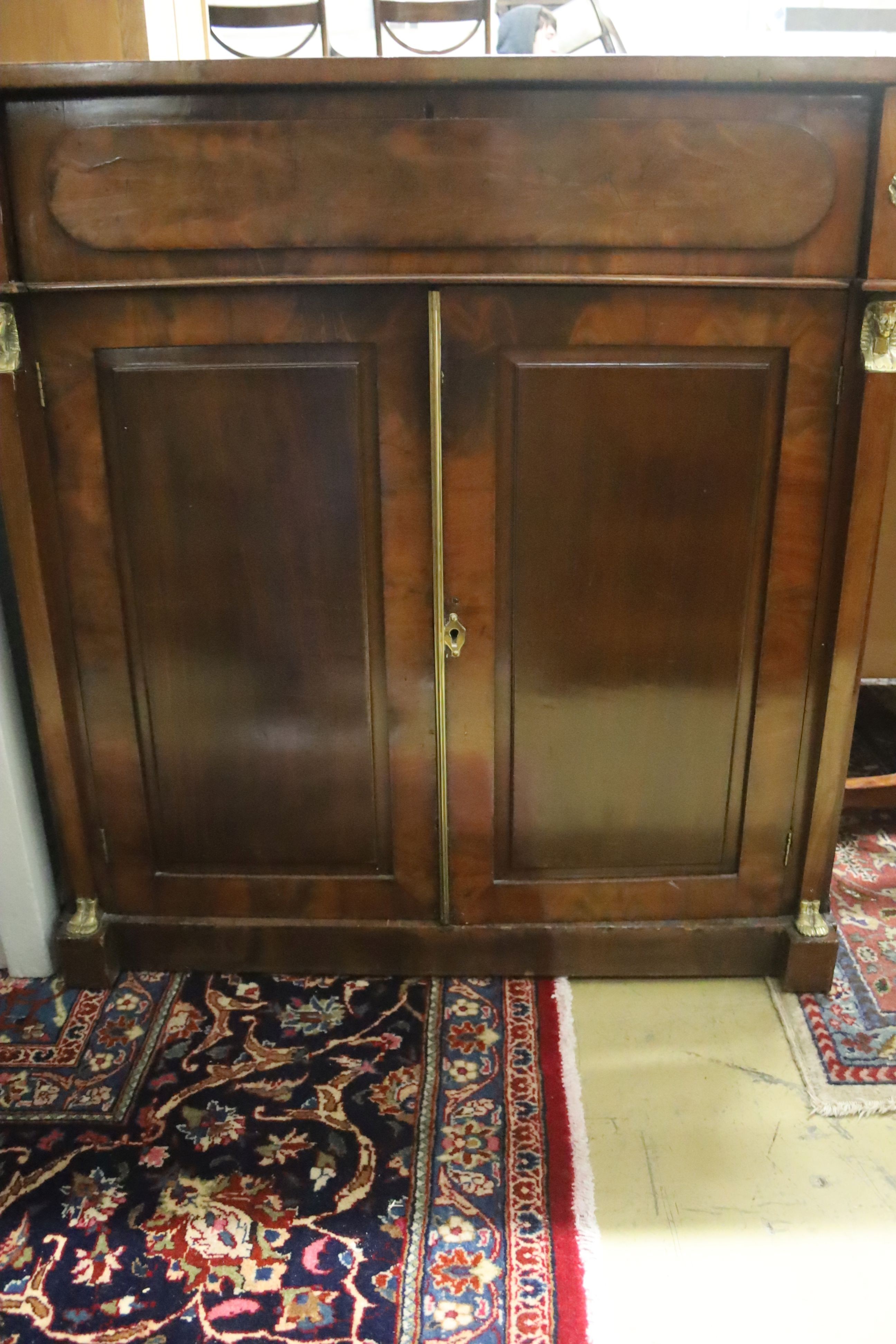 A late Regency mahogany brass mounted chiffonier, width 99cm, depth 46cm, height 102cm